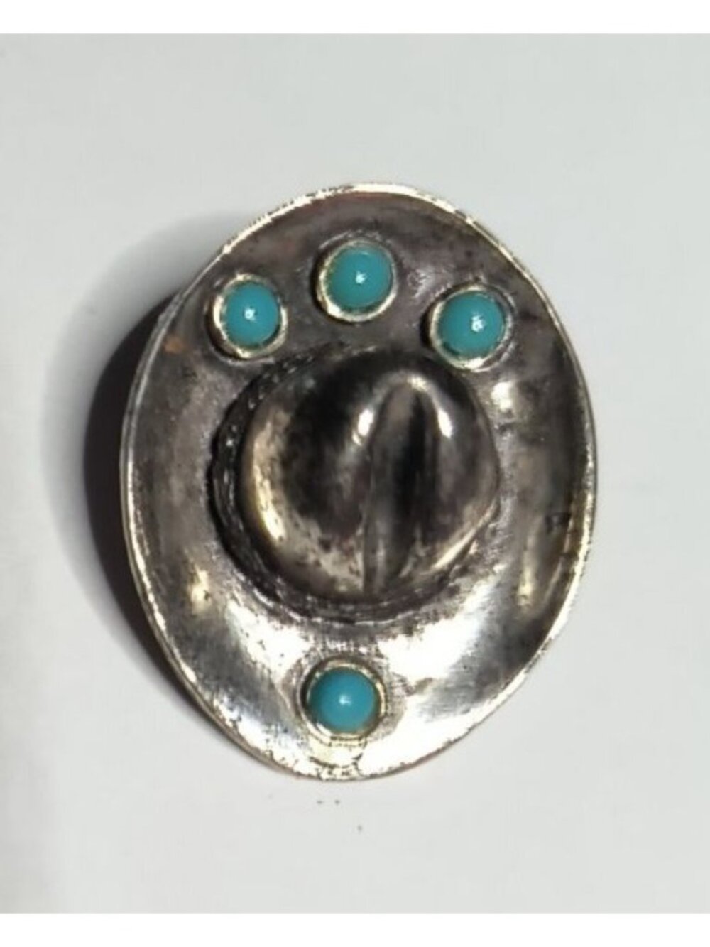 Vintage Small Child Silvertone Sombrero Bolo Clasp With Faux Turquoise Accents